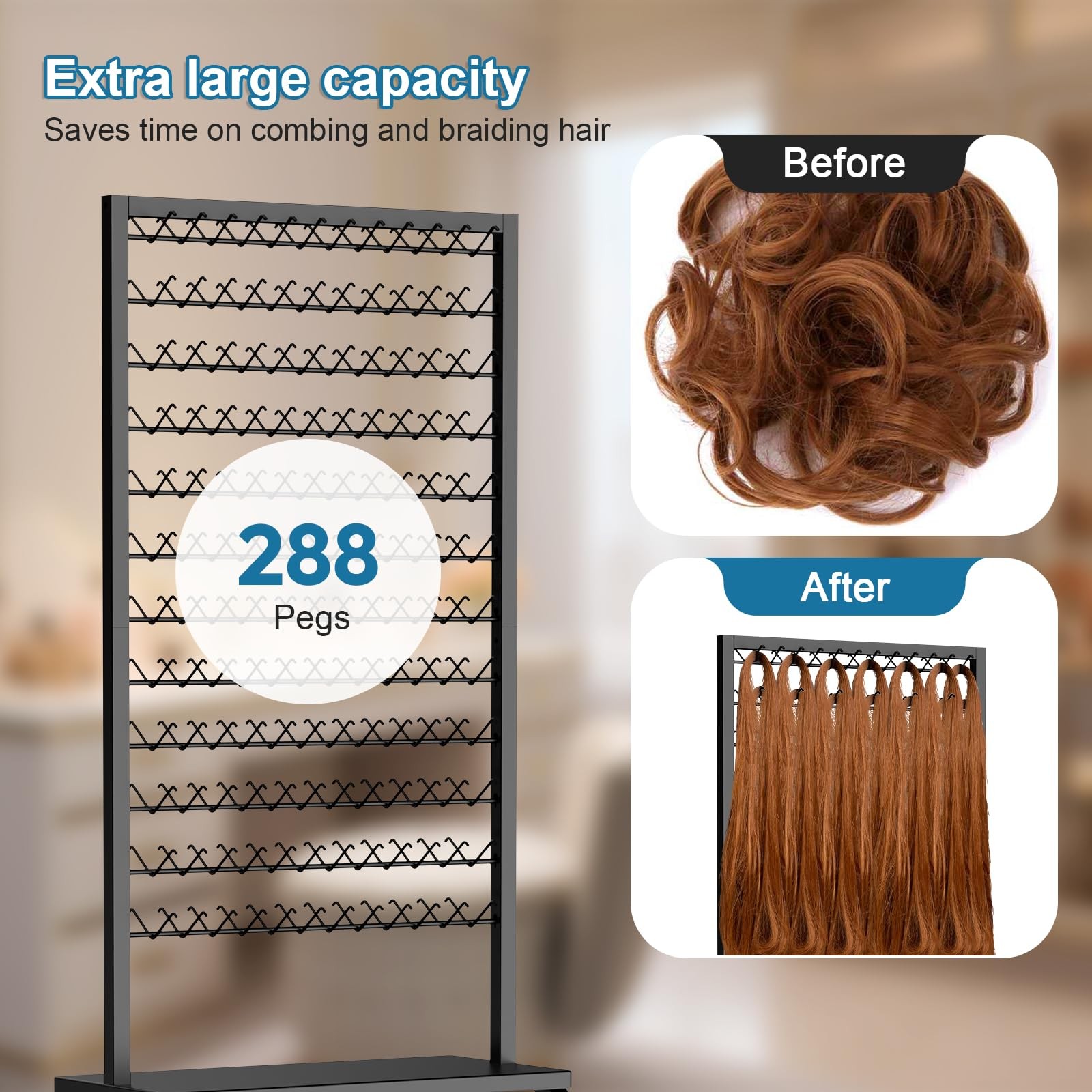 Portable Braiding Hair Rack with Wheels & Storage Drawers,2-Sided 288 Pegs,Ha…