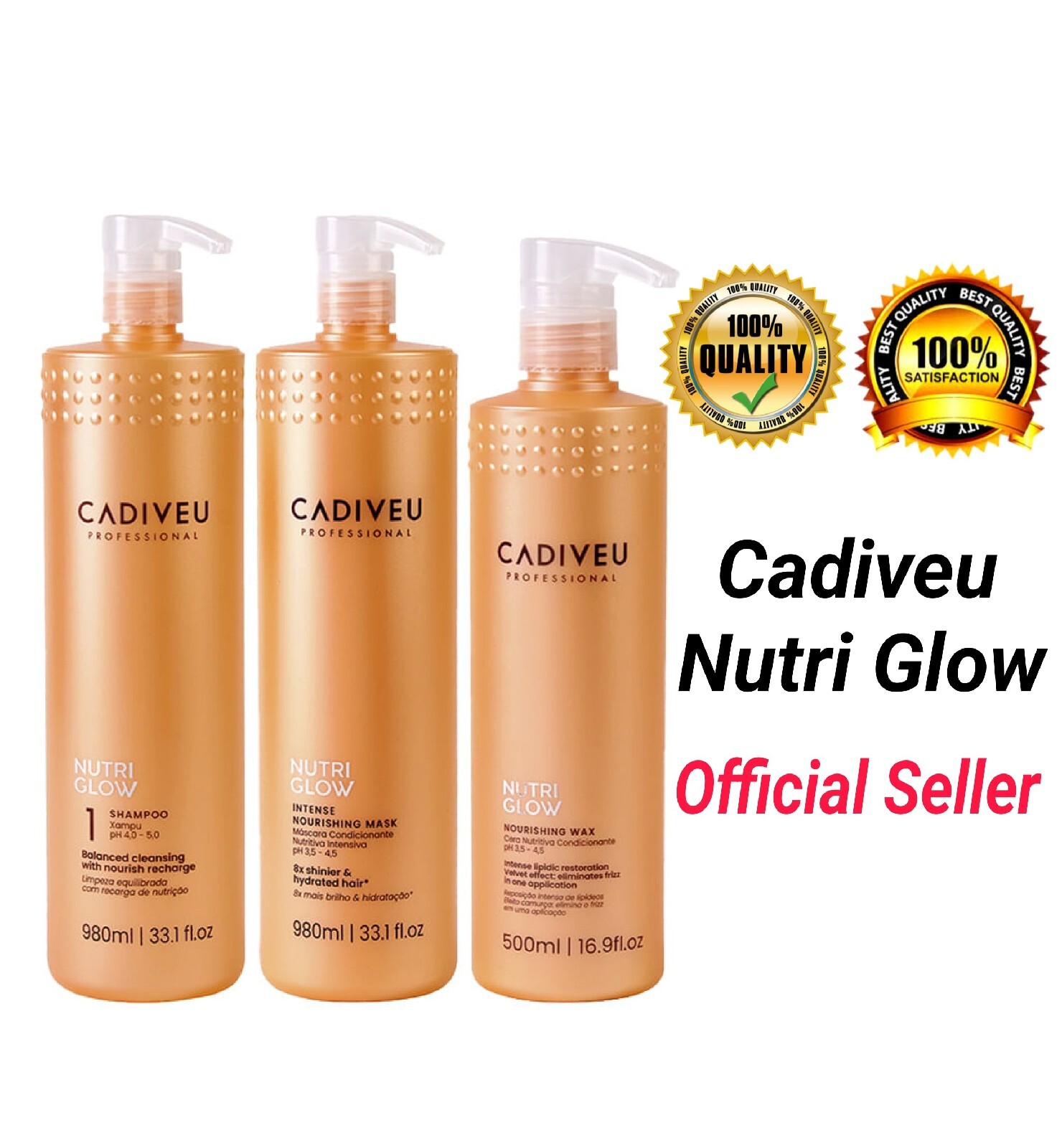 Cadiveu Nutri Glow Kit-Shampoo 980ml, Nutrition Mask 980ml, Nutrition Wax 500ml