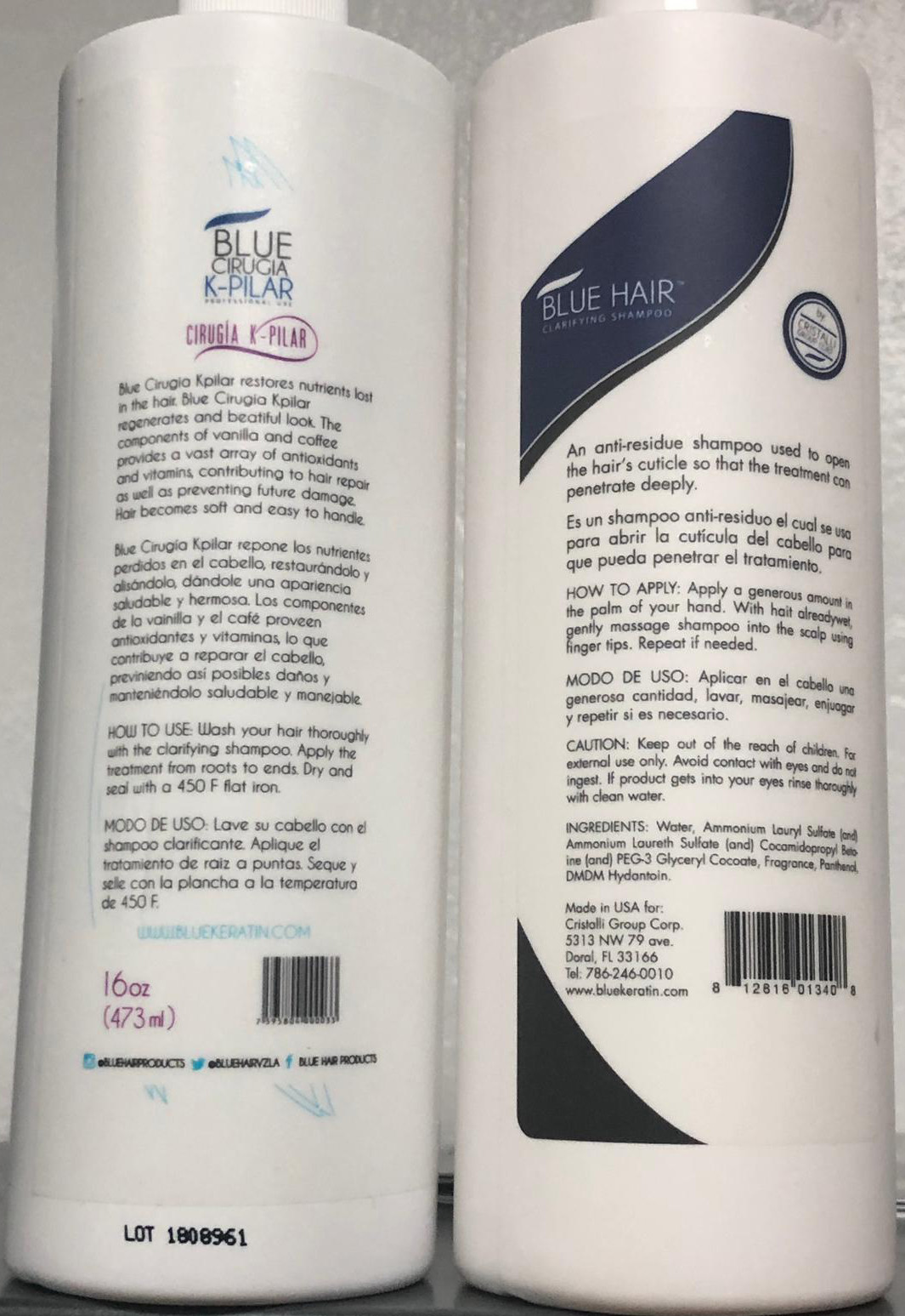 BLUE HAIR PROFESSIONAL USE Clarifying Shampoo Blue Cirugia K-Pilar 473 ml 16 OZ