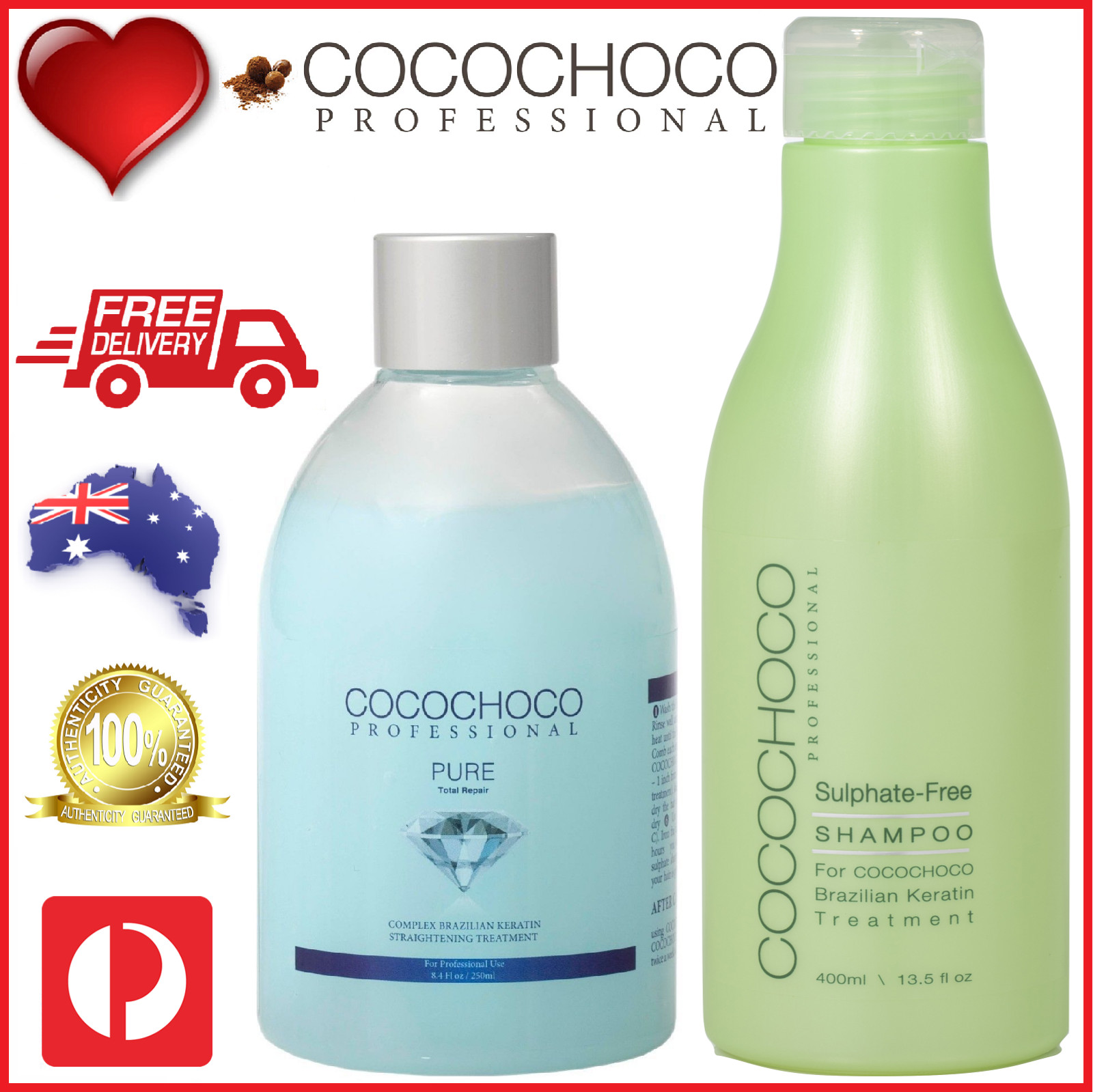 ❤❤ COCOCHOCO Pro PURE Keratin Hair Treatment 250ml + SULPHATE FREE SHAMPOO 400ml
