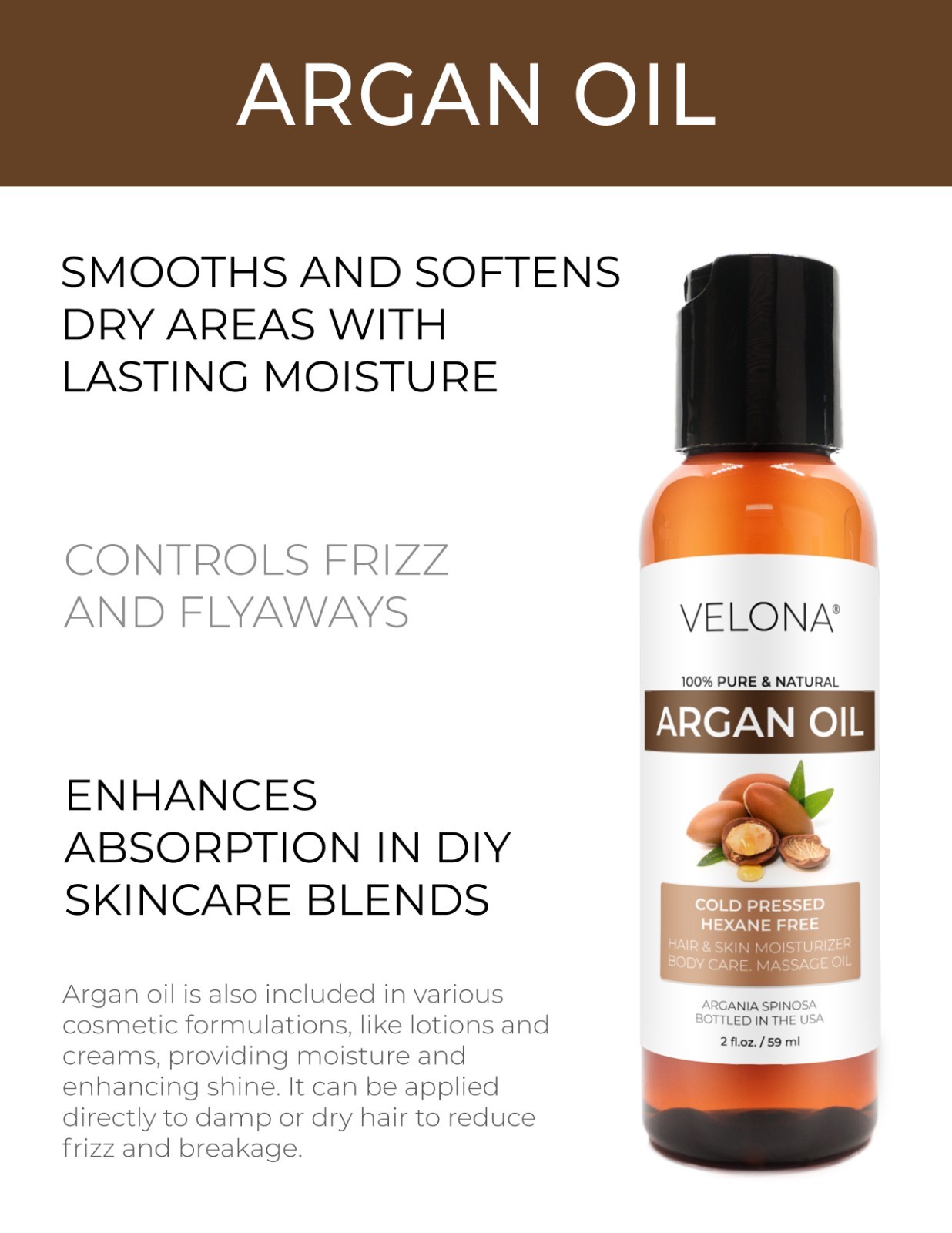 Velona Argan Oil – 2 oz | 100% Pure & Natural | Morocco Unrefined Cold Pressed