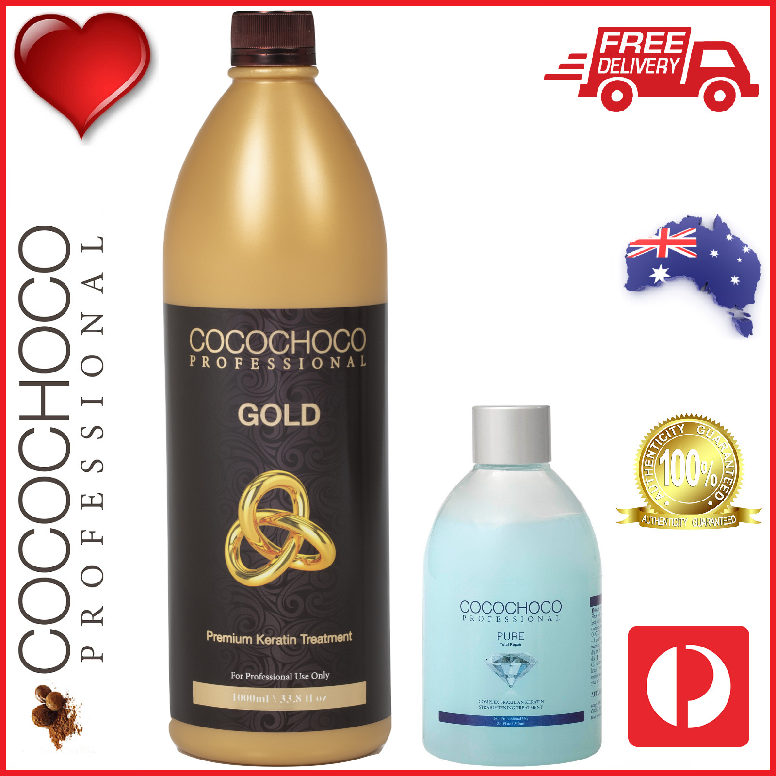 ❤❤ COCOCHOCO Pro GOLD 1000ml + PURE 250ml Brazil Keratin Straight Hair Treatment