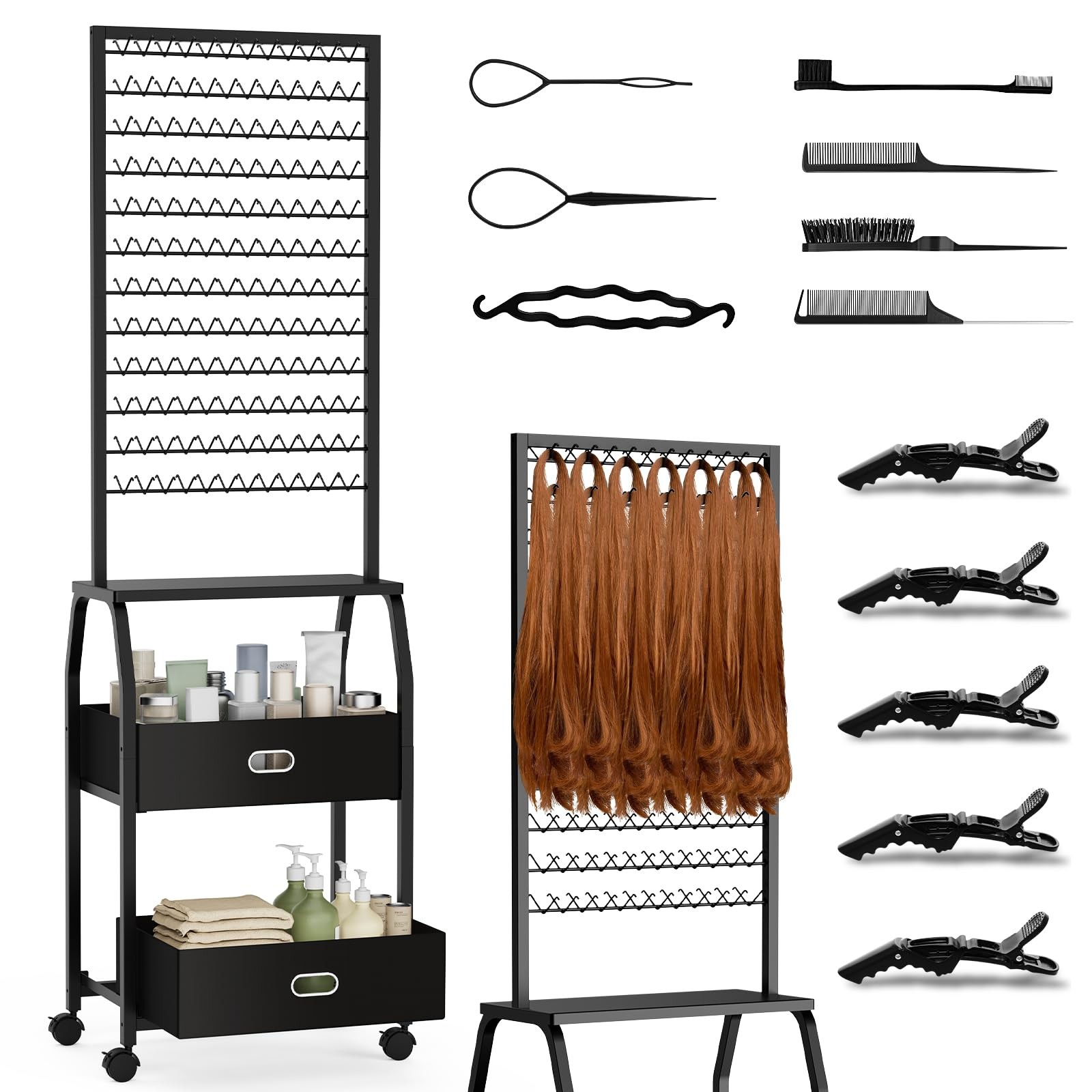Portable Braiding Hair Rack with Wheels & Storage Drawers,2-Sided 288 Pegs,Ha…