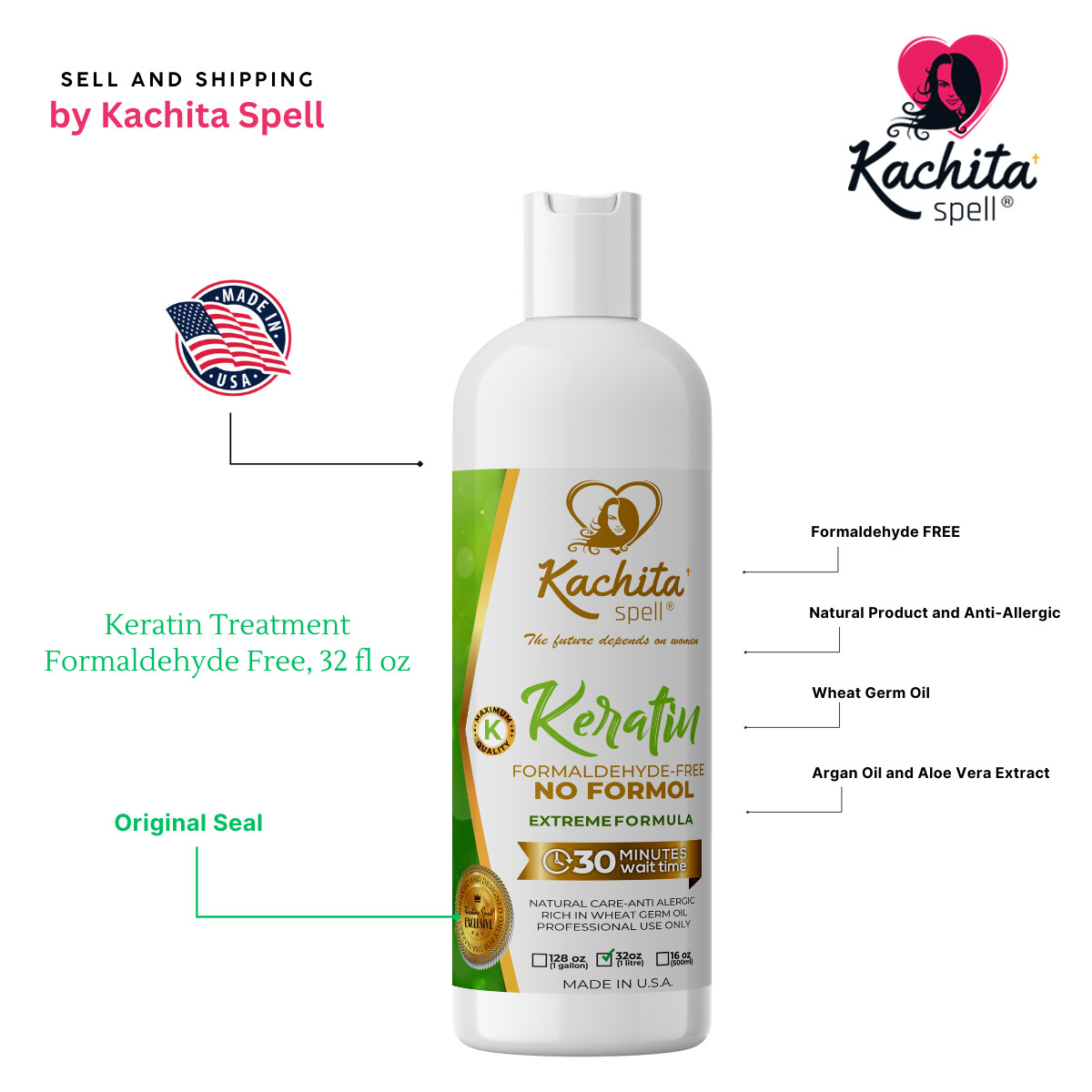 Kachita Spell Keratin FORMALDEHYDE FREE(No Formol) Anti allergic Formula 32oz