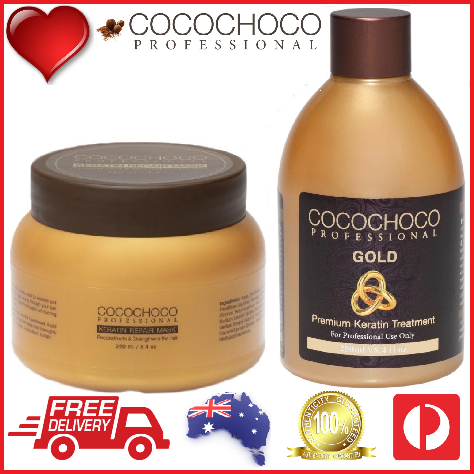 ❤❤ COCOCHOCO Pro GOLD Brazilian Keratin Hair Treatment 250ml + REPAIR Mask 250ml