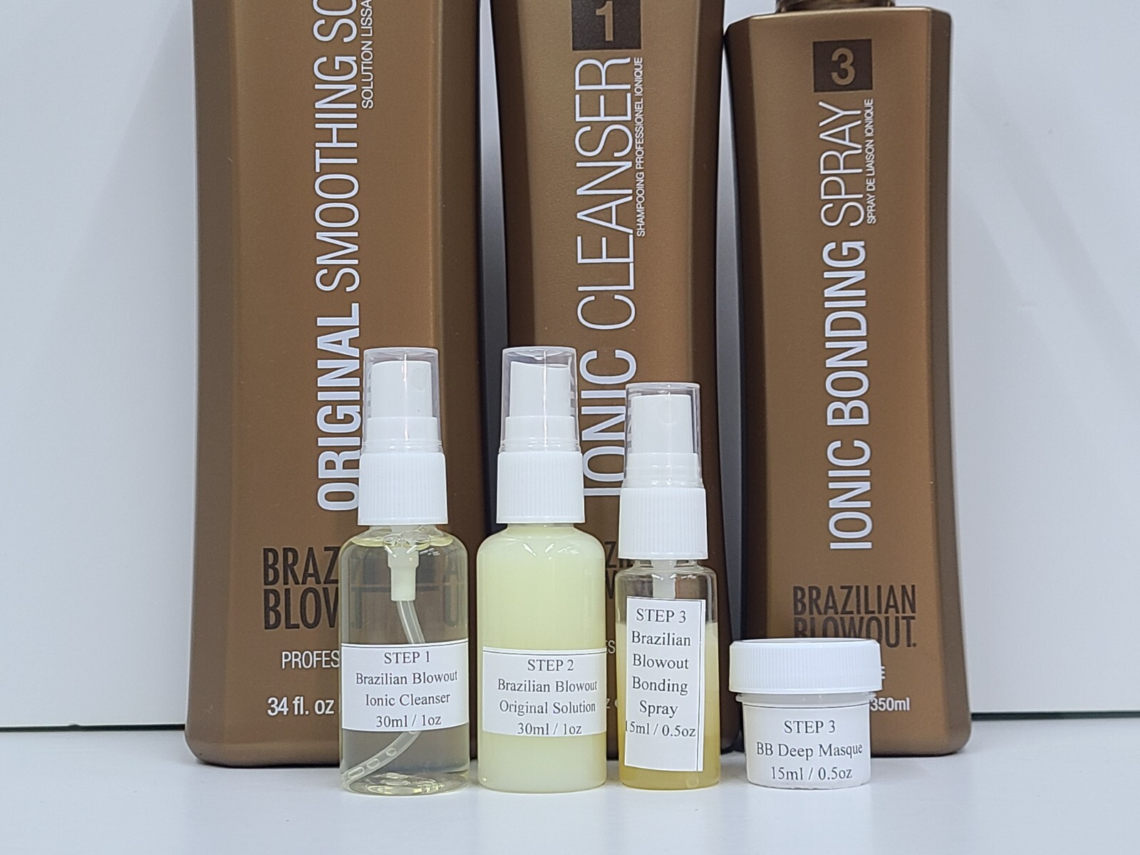 Brazilian Blowout Ionic Cleanser/Solution/Spray/Masque 1,2,3 STEPS (1oz)FULL SET