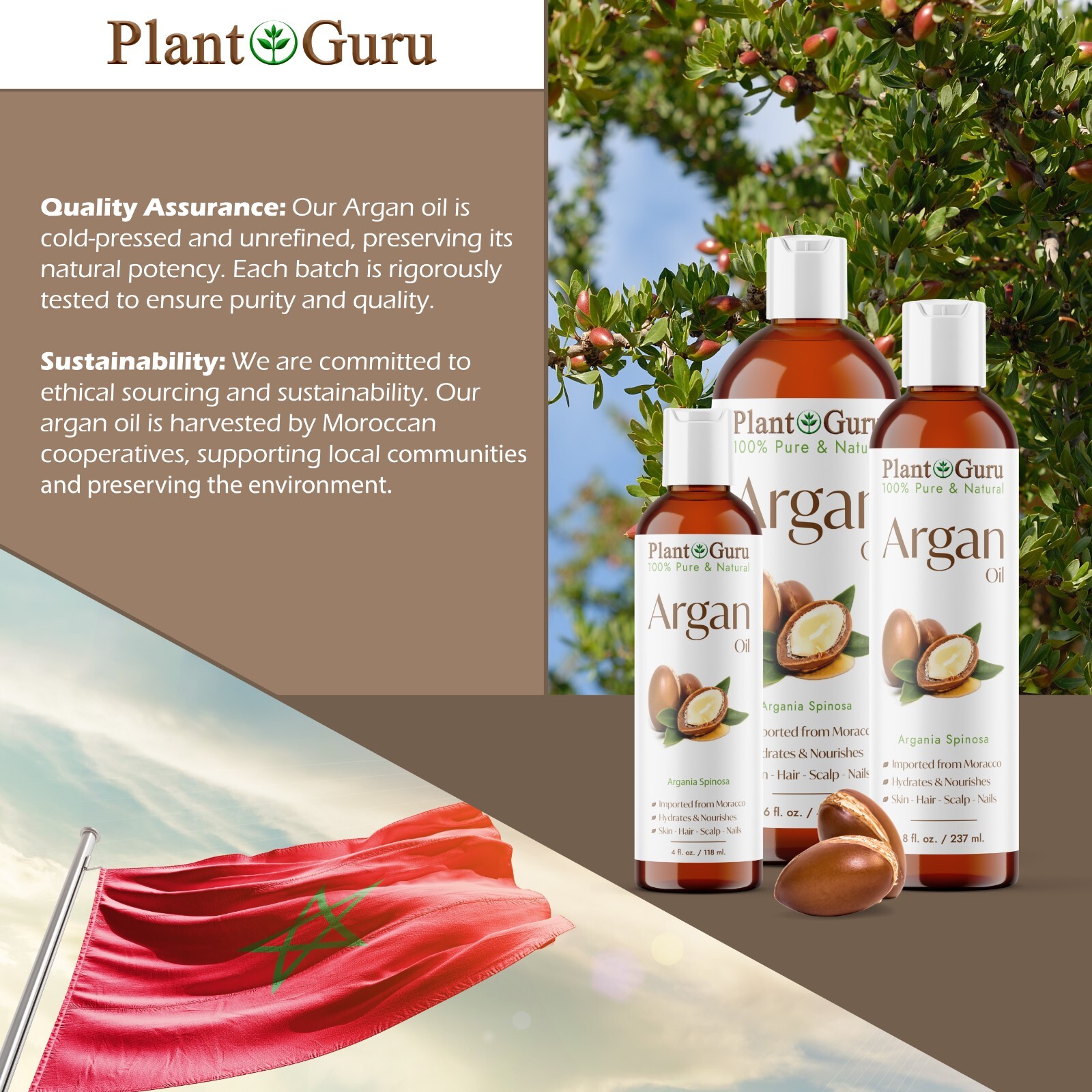 Argan Oil 8 oz. Morocco 100% Pure Natural Unrefined For Hair Growth, Skin, Face