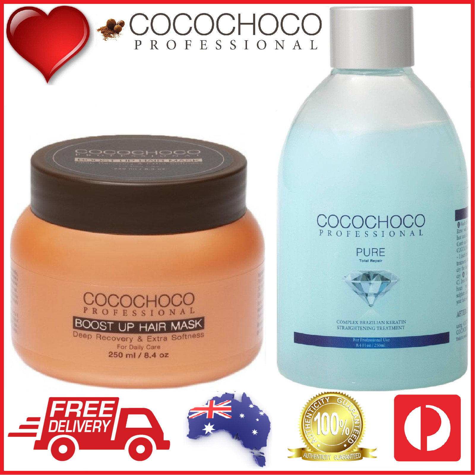 ❤❤ COCOCHOCO Pro PURE Brazil Keratin Treatment 250ml + BOOST UP Mask 250ml COMBO