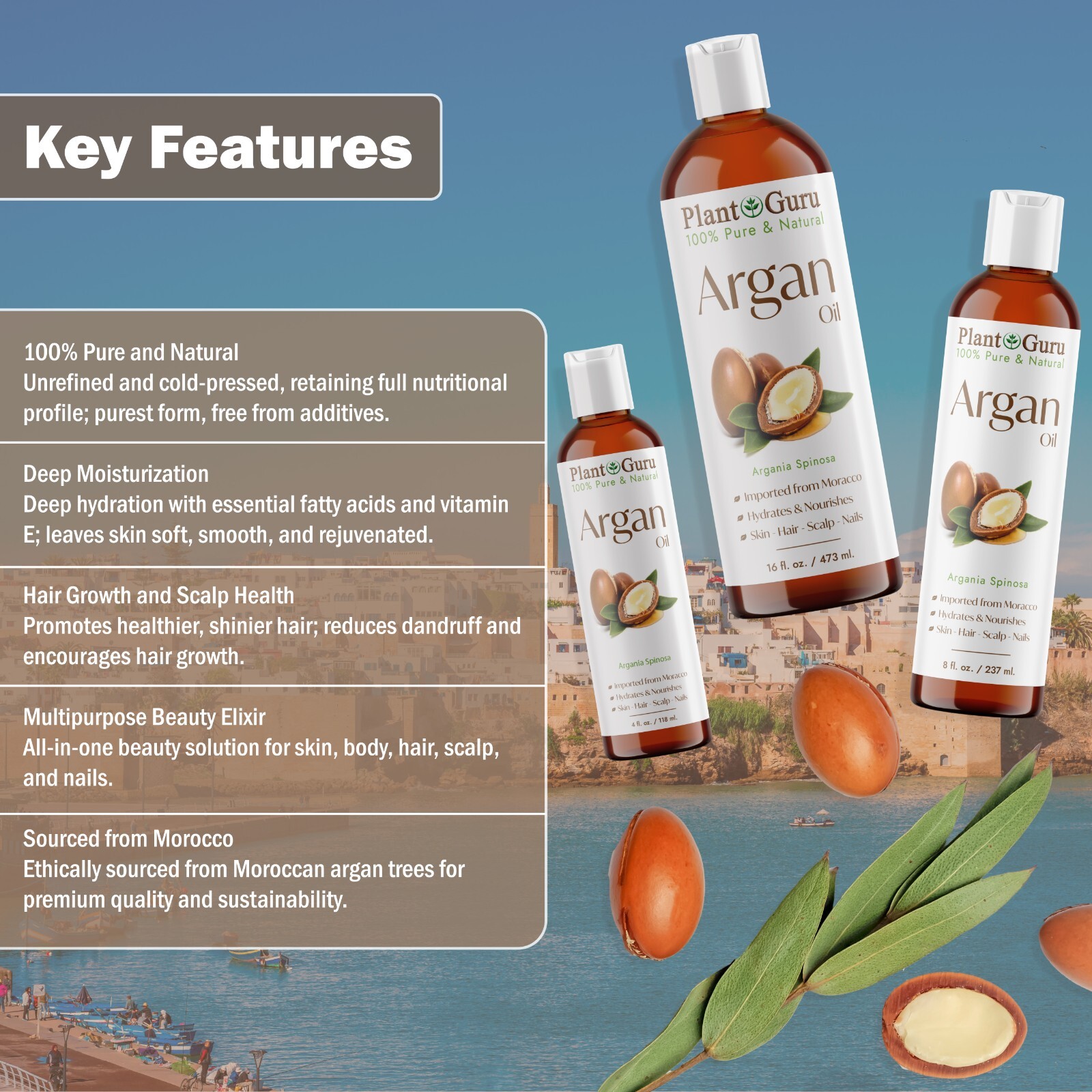 Argan Oil 2 oz. Morocco 100% Pure Natural Unrefined For Hair Growth, Skin, Face