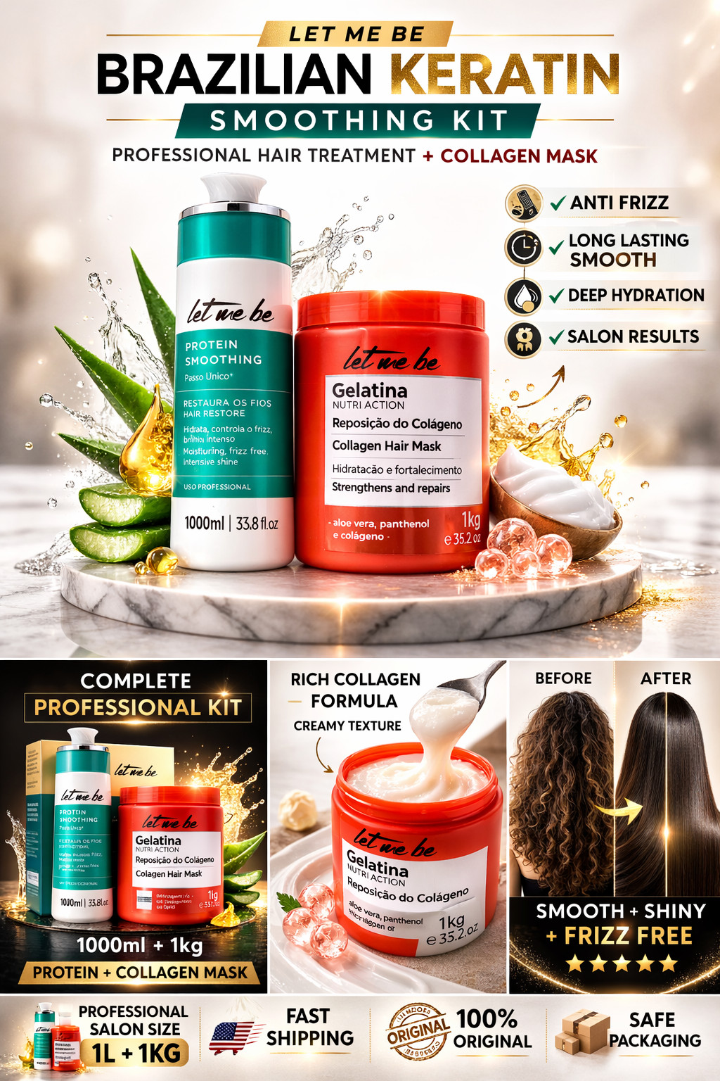 Brazilian Keratin Hair Smoothing Treatment 1000ml – Anti Frizz Salon Formula