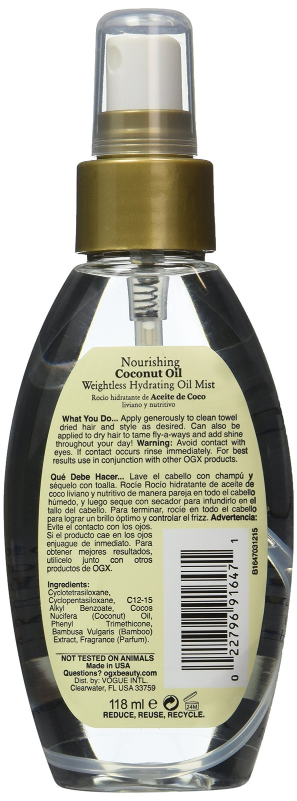 OGX Nourishing Coconut Oil Weightless Hydrating Oil Mist, 4 Ounce Spray Bottle,