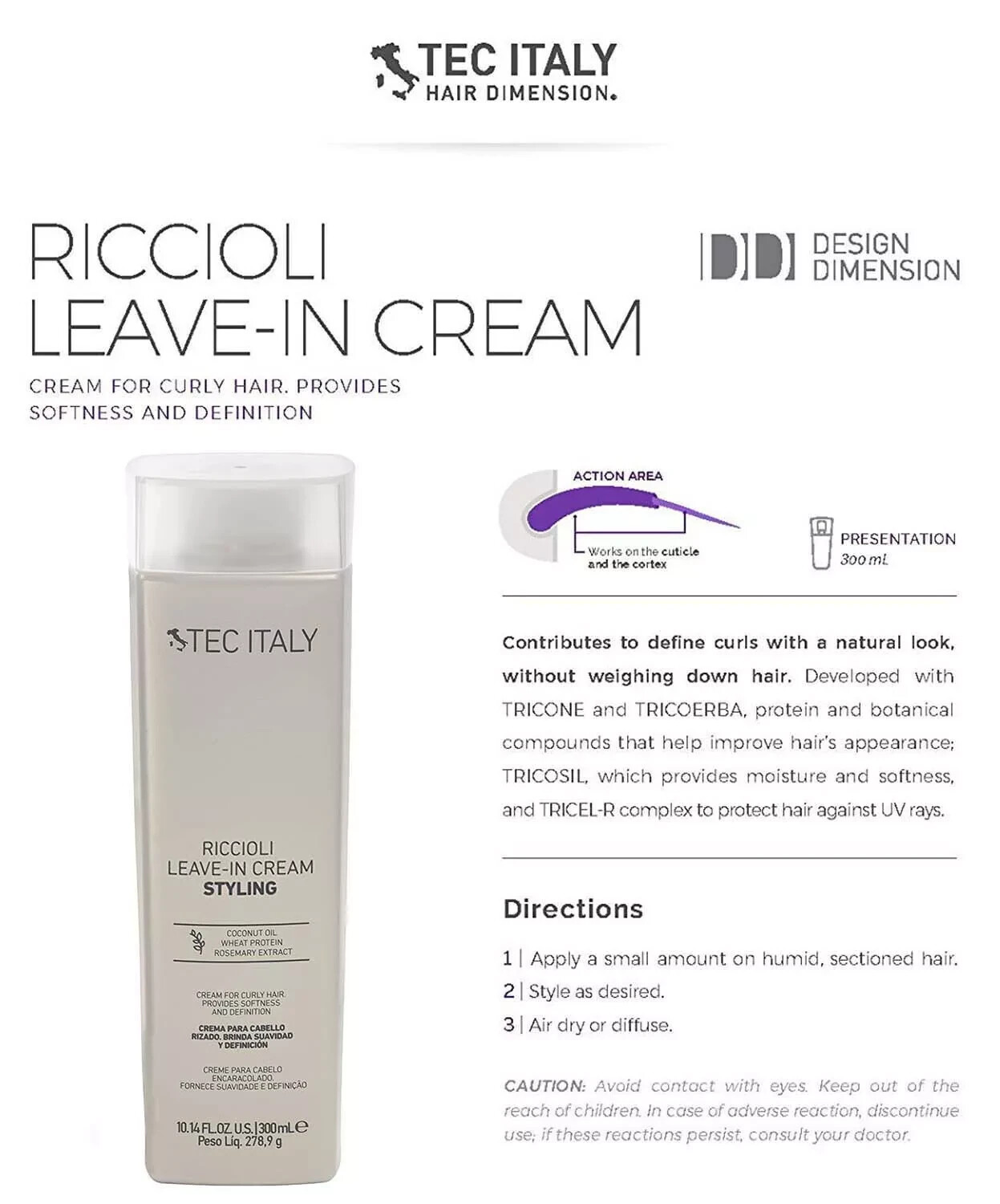 Tec Italy Riccioli Leave In Cream Curl Enhancer, Moisturiser, Definition 10.1oz