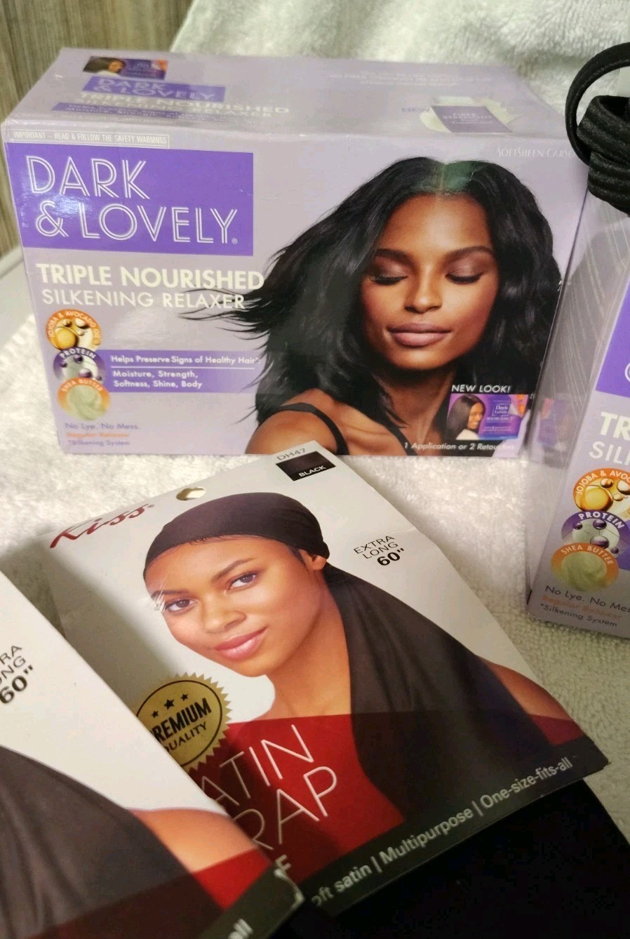 3x Dark and Lovely Triple Nourished Silkening Hair Relaxer +Kiss Accessories Lot