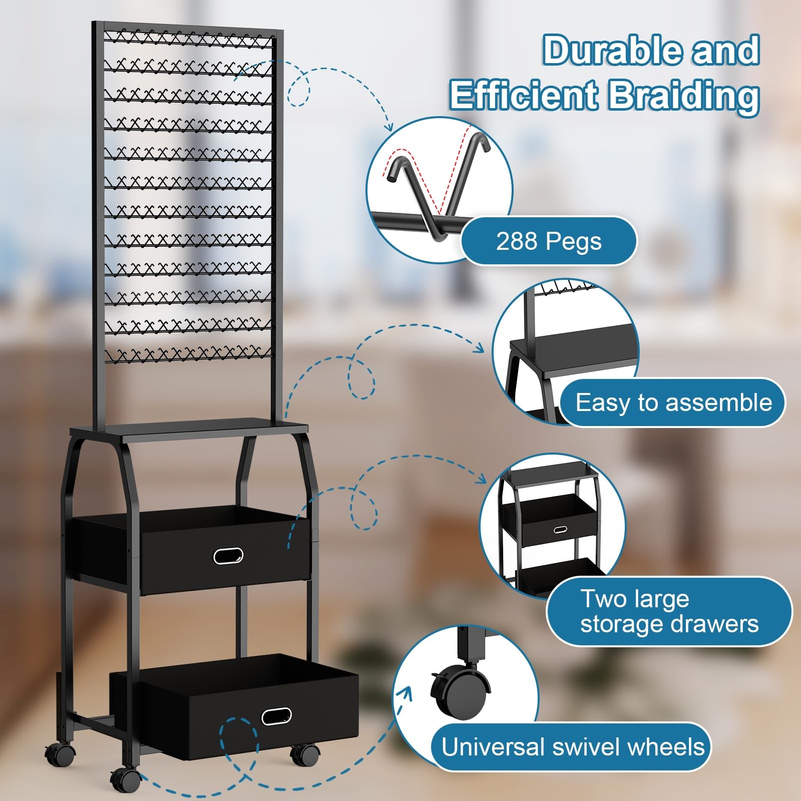 Portable Braiding Hair Rack with Wheels & Storage Drawers,2-Sided 288 Pegs,Ha…