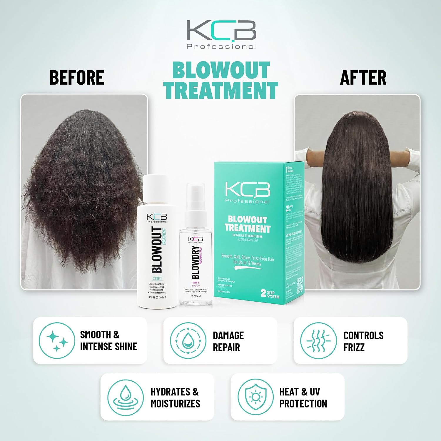 Blowout, 2 Step Keratin Hair Treatment. Brazilian Straightening and Frizz Contro
