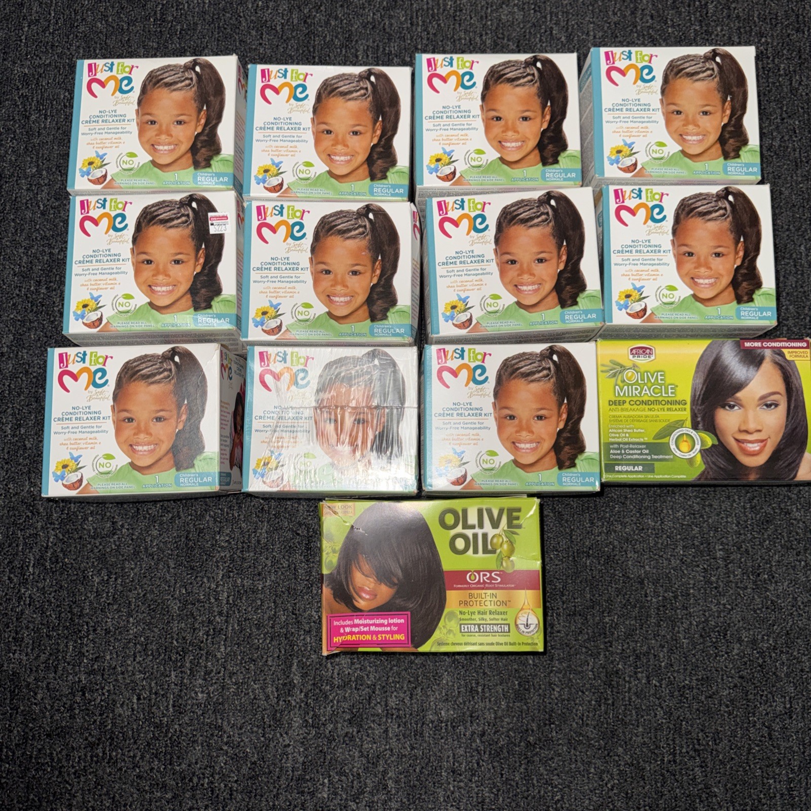 11 Just For Me No-Lye Reg. Conditioning Creme Relaxer Kit 1 App. +2 Olive Oil