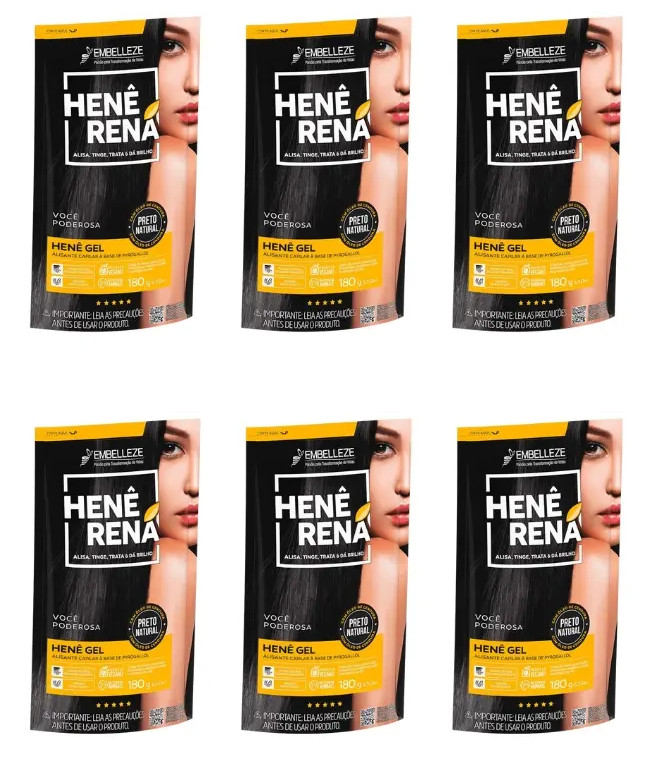 Kit 6 Units Henê Rena Embelleze – Natural Black Gel Sachet – 180g