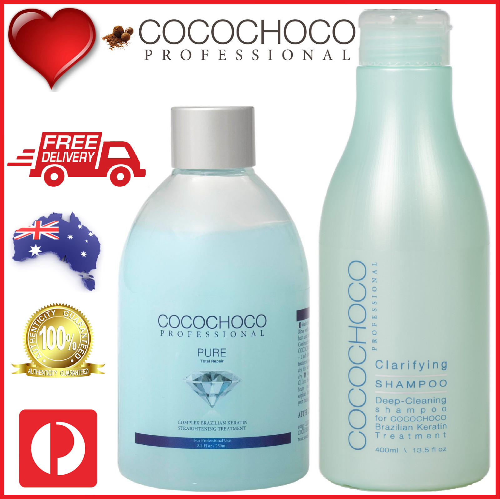❤❤ COCOCHOCO Pro PURE Keratin Hair Treatment 250ml + CLARIFYING SHAMPOO 400ml
