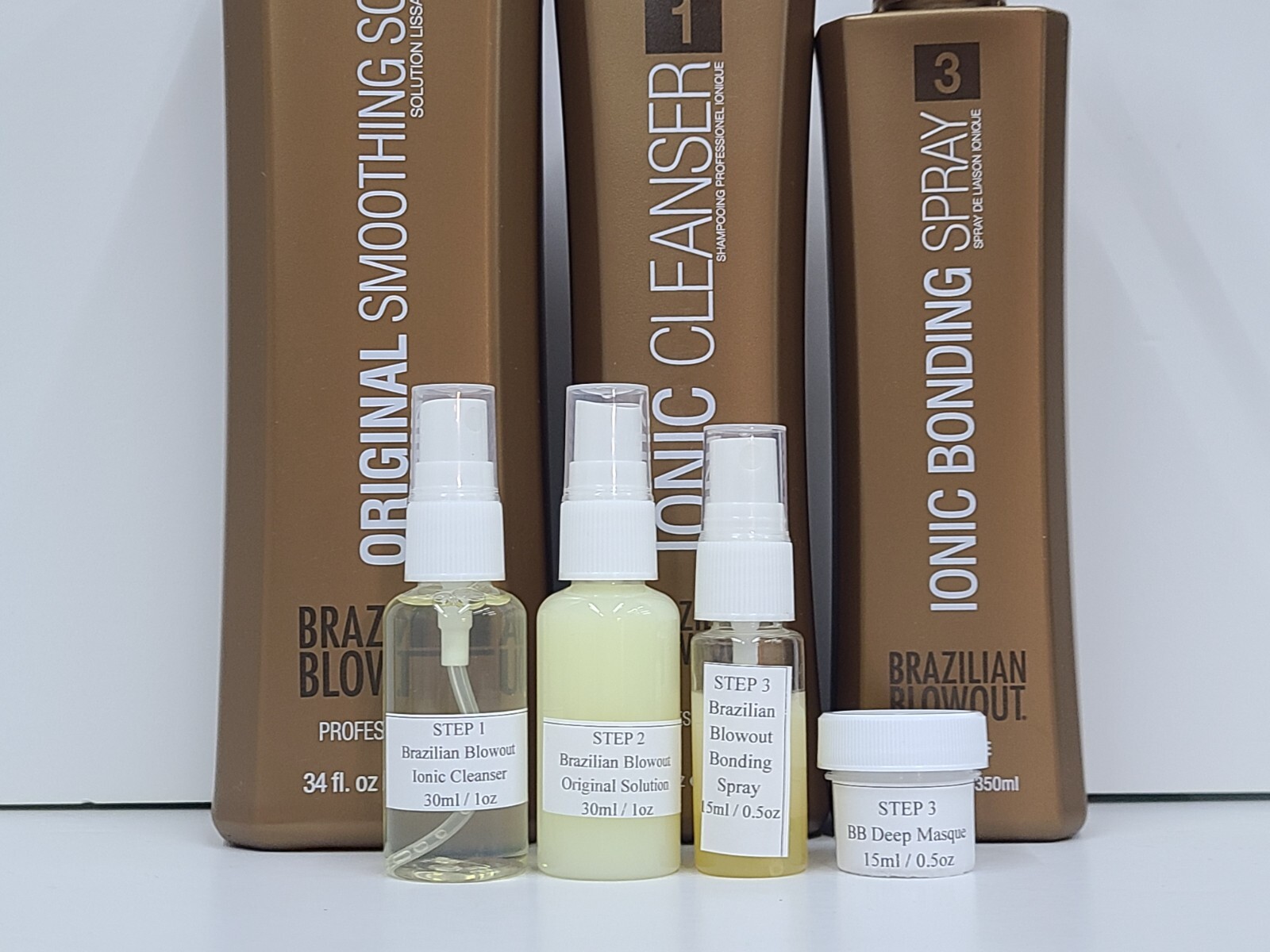 Brazilian Blowout Ionic Cleanser/Solution/Spray/Masque 1,2,3 STEPS (1oz)FULL SET