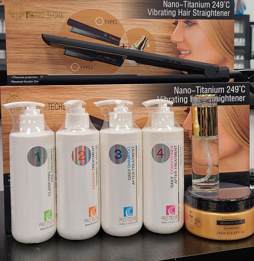 PRO-TECHS BRAZILIAN KERATIN TREATMENT – Set 8,45 oz + A Nano Titanium Flat Iron