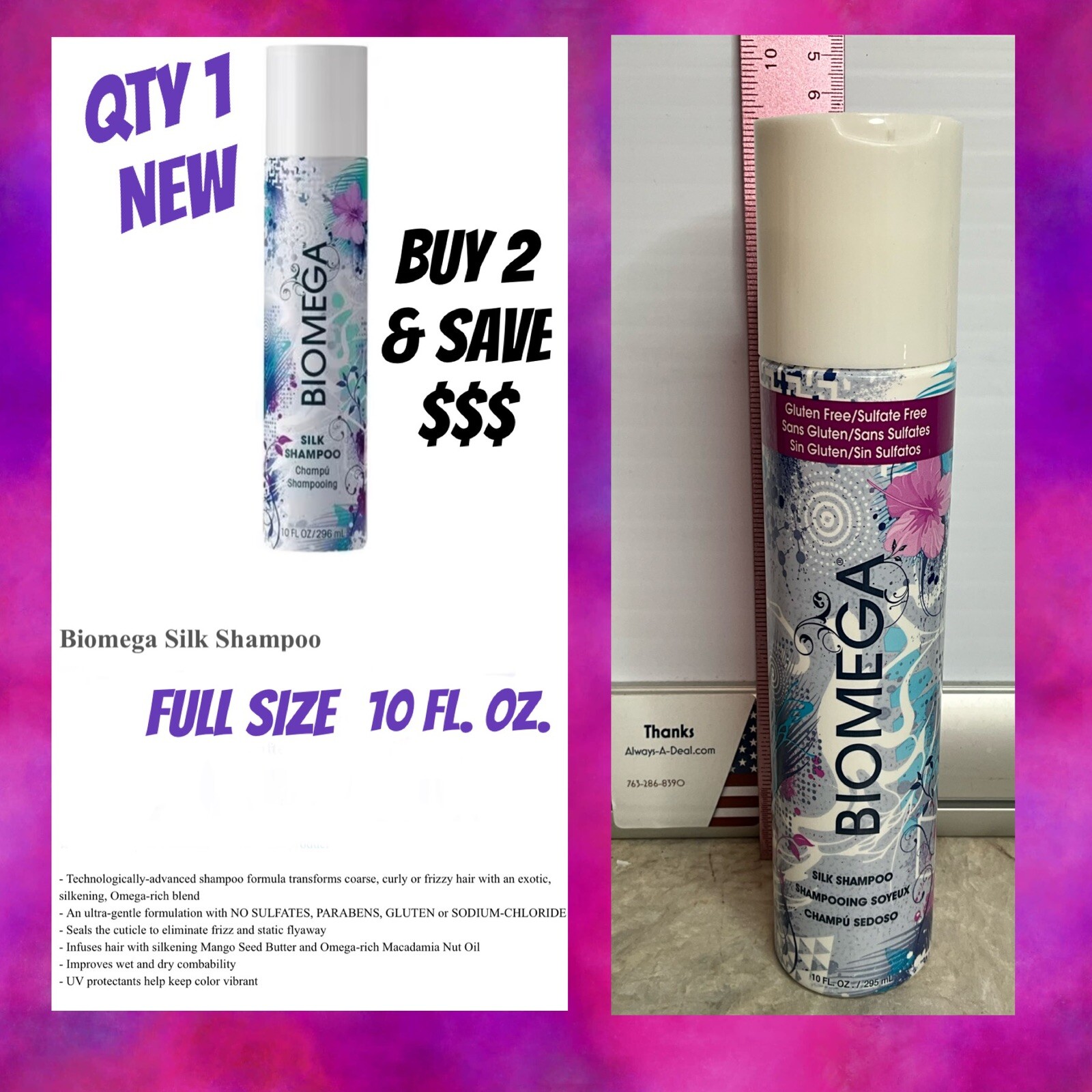 Aquage Biomega Silk Shampoo 10 Oz For Curly Hair Course Or Frizz Control UV Prot
