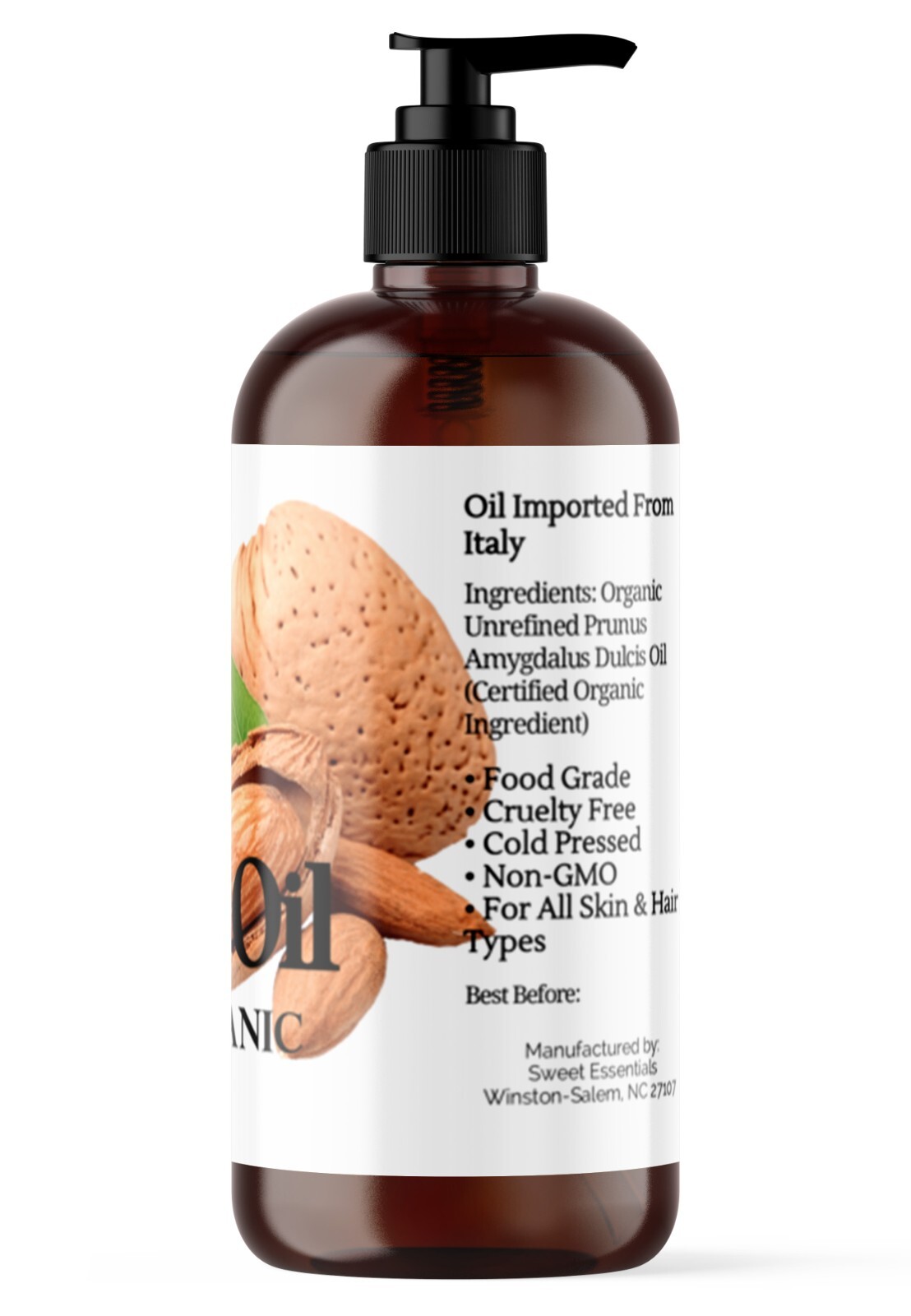 100% Pure Organic Cold Pressed Unrefined Sweet Almond Oil – 16oz -Italy Imported