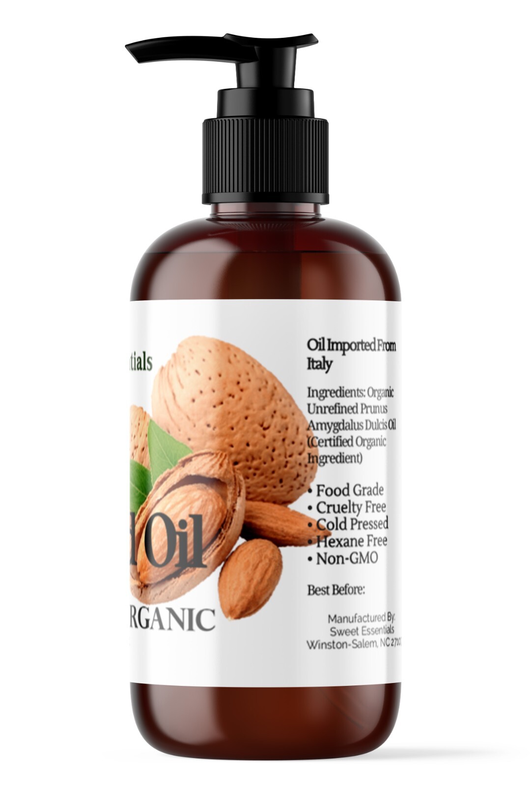 100% Pure Organic Cold Pressed Unrefined Sweet Almond Oil – 8oz – Italy Imported