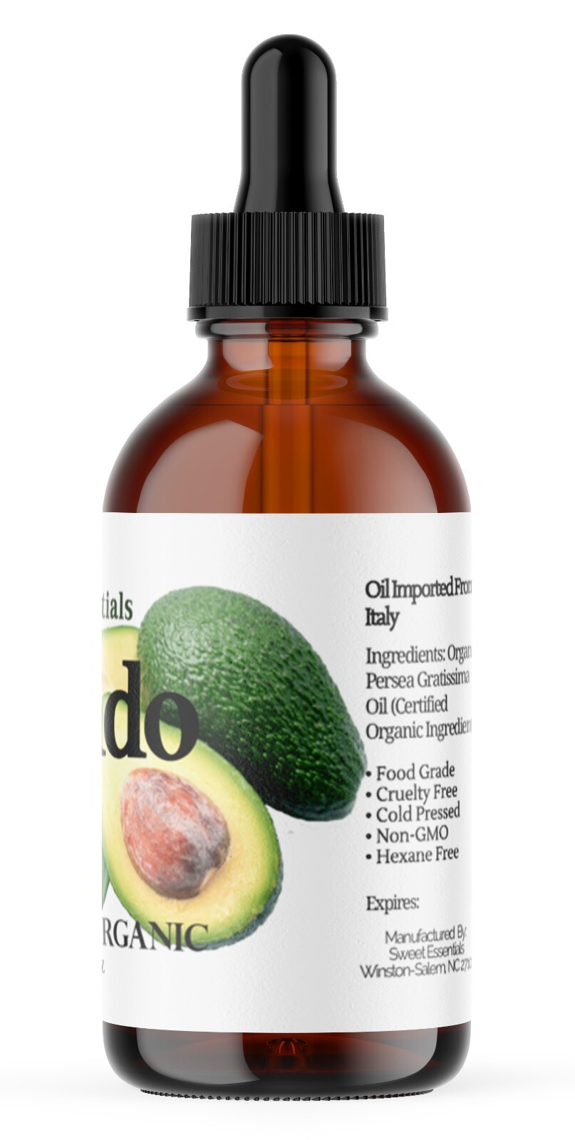 Organic Avocado Oil, 4oz Glass, Imported From Italy, Cold Pressed, 100% Pure