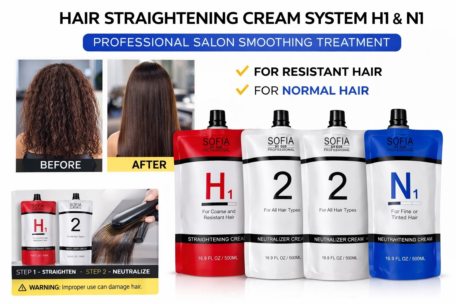 Professional Hair Straightening Cream H1 N1 w/ Neutralizer 500ml