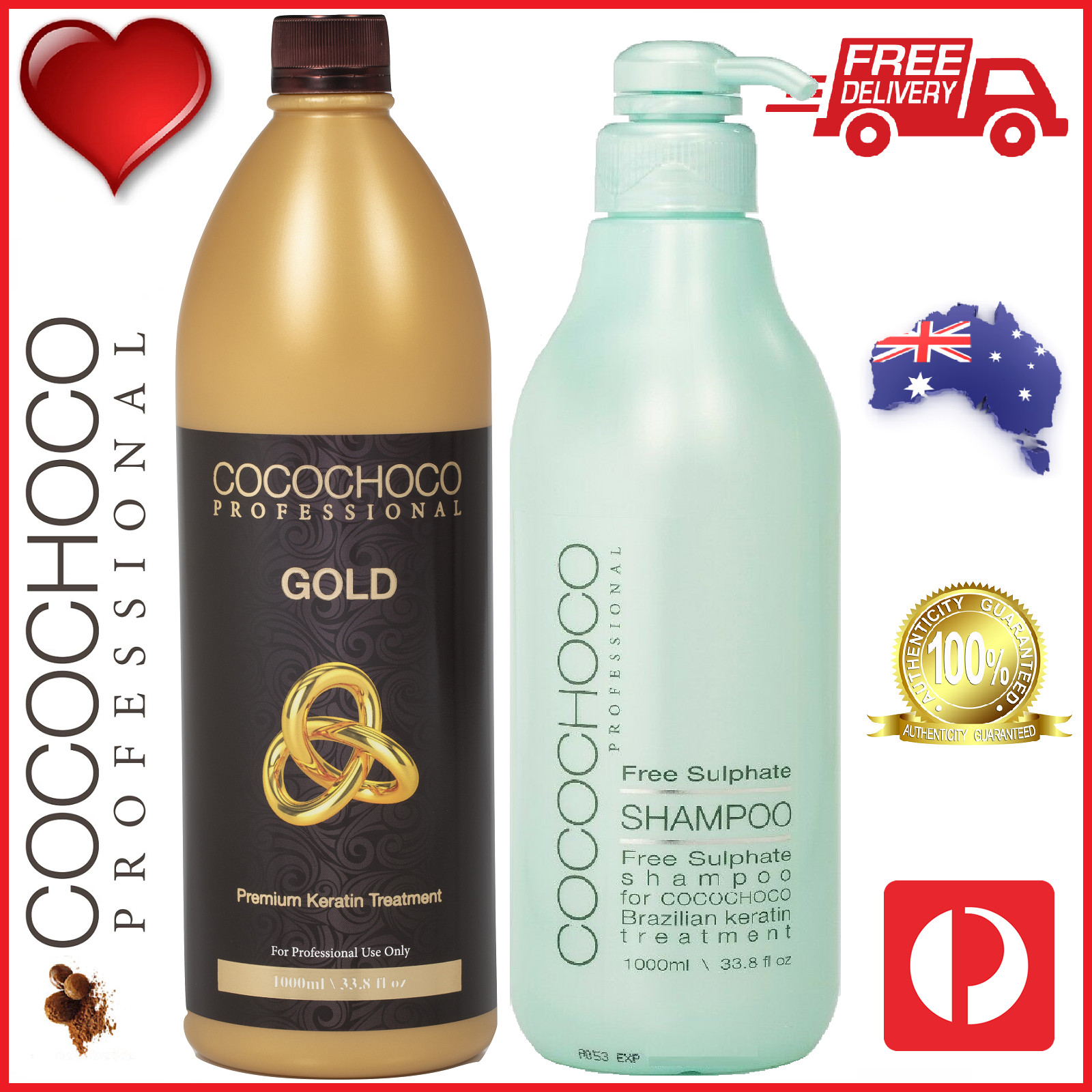 ❤❤ COCOCHOCO Pro GOLD Brazil Keratin Treatment 1000ml + SULPHATE FREE SHAMPOO 1L