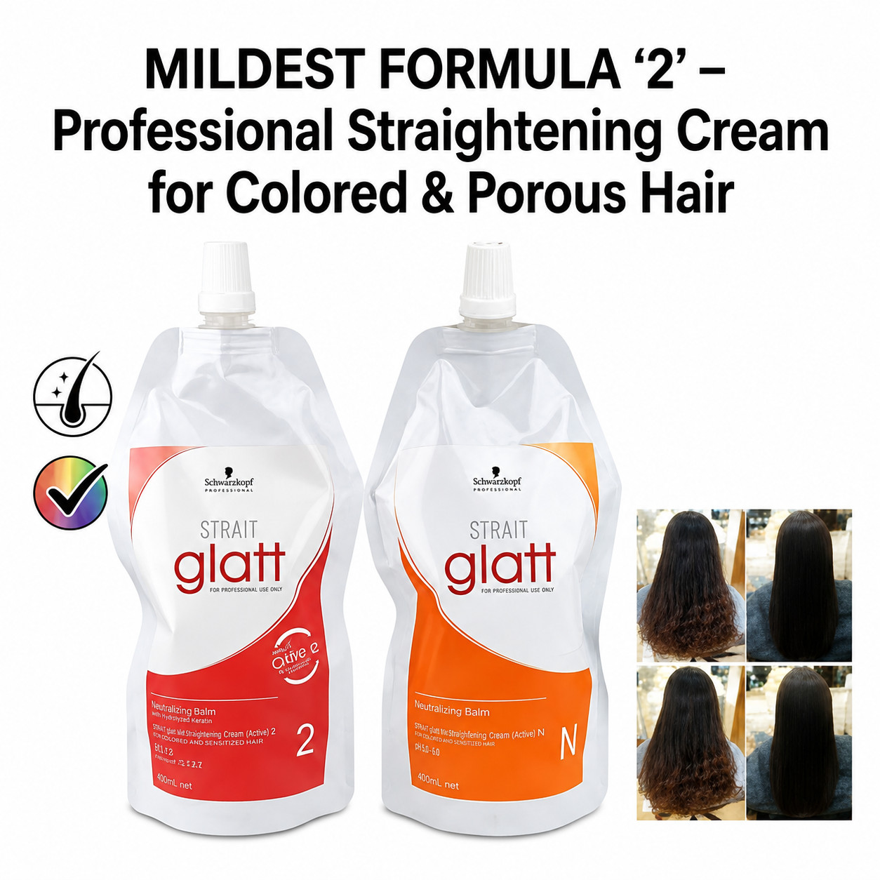 Schwarzkopf Glatt No 2 Hair Straightener Cream Set 400ml Mild Formula US STOCK