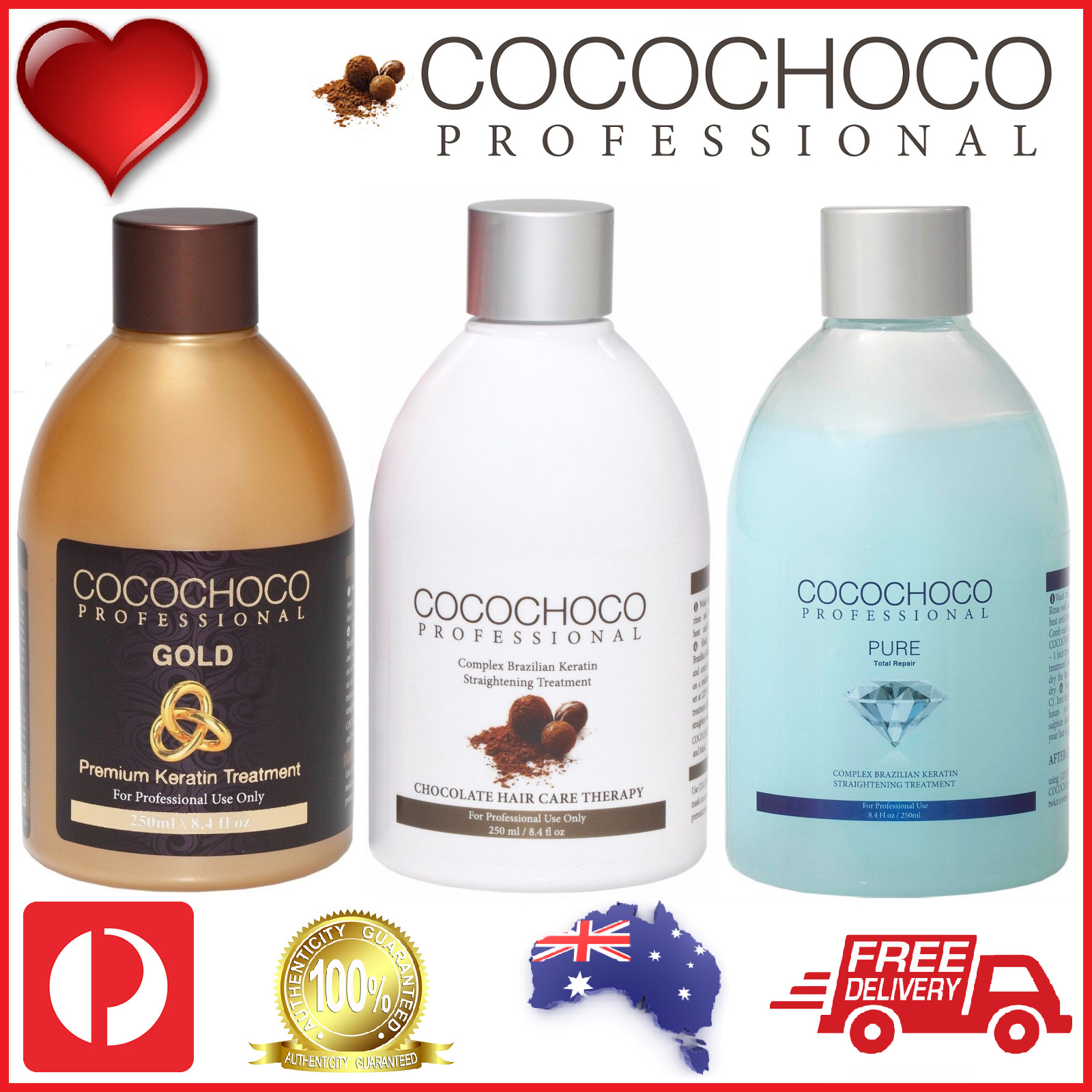 ❤❤ COCOCHOCO Pro GOLD + ORIGINAL + PURE Brazilian Keratin Hair Treatment 3x250ml
