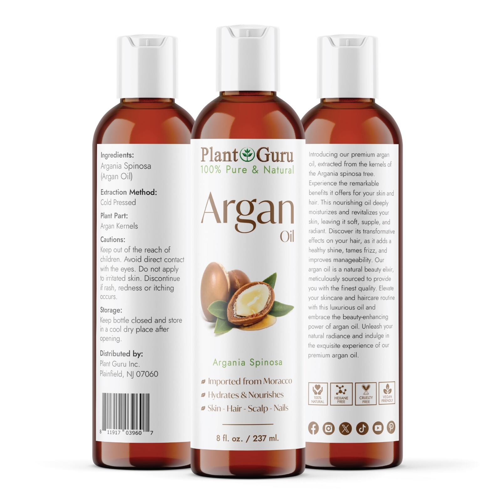 Argan Oil 8 oz. Morocco 100% Pure Natural Unrefined For Hair Growth, Skin, Face