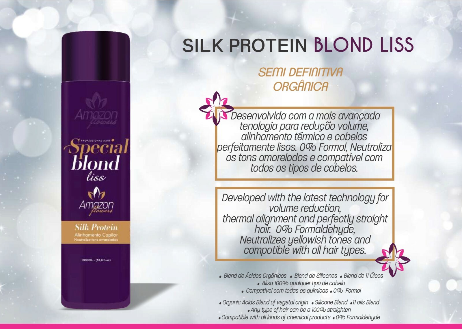 AMAZON FLOWERS SILK PROTEIN – 33.8 Oz 1 KG BRAZILIAN BLOND LISS 0% forml