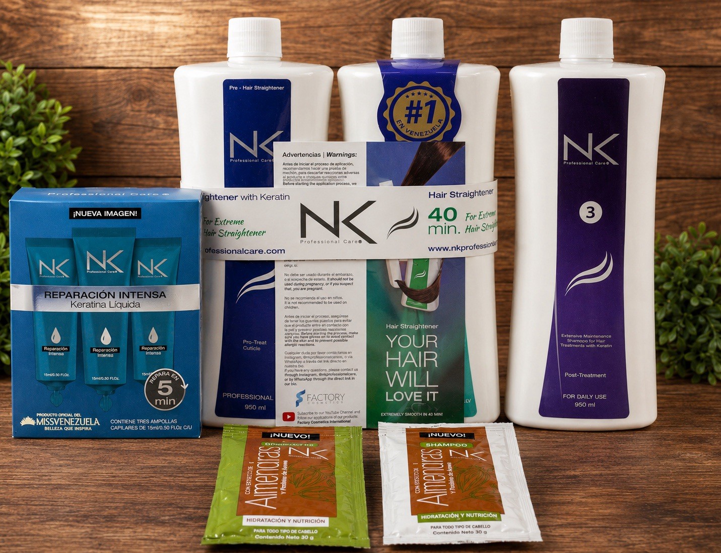 NK Professional Care Keratin Hair Straightener Kit 950ml + Repair Ampoules