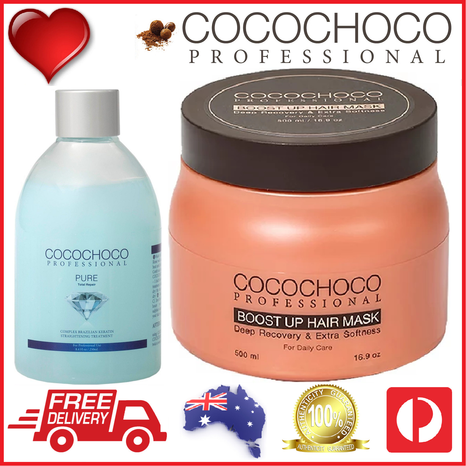 ❤❤ COCOCHOCO Pro PURE Brazil Keratin Treatment 250ml + BOOST UP Mask 500ml COMBO